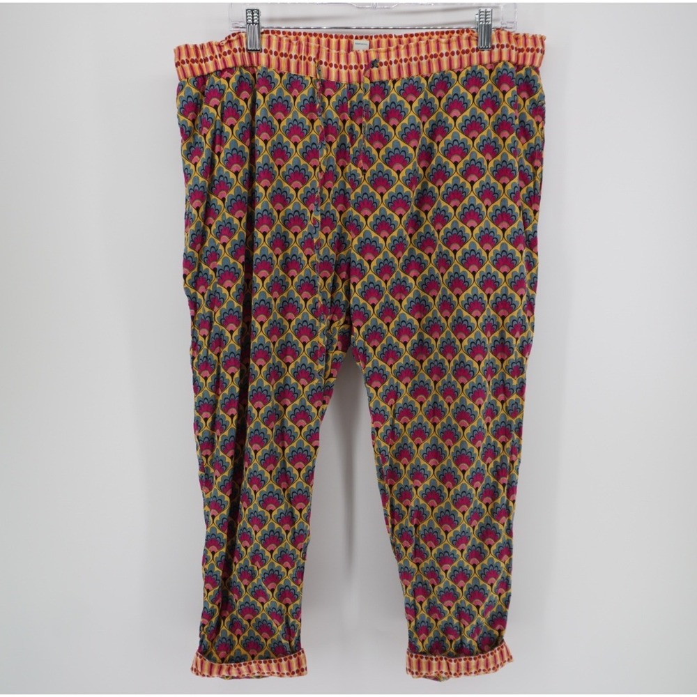 Sundance Womens Large Blue Pink Yellow Geometric Fan Print Elastic Waist Pants